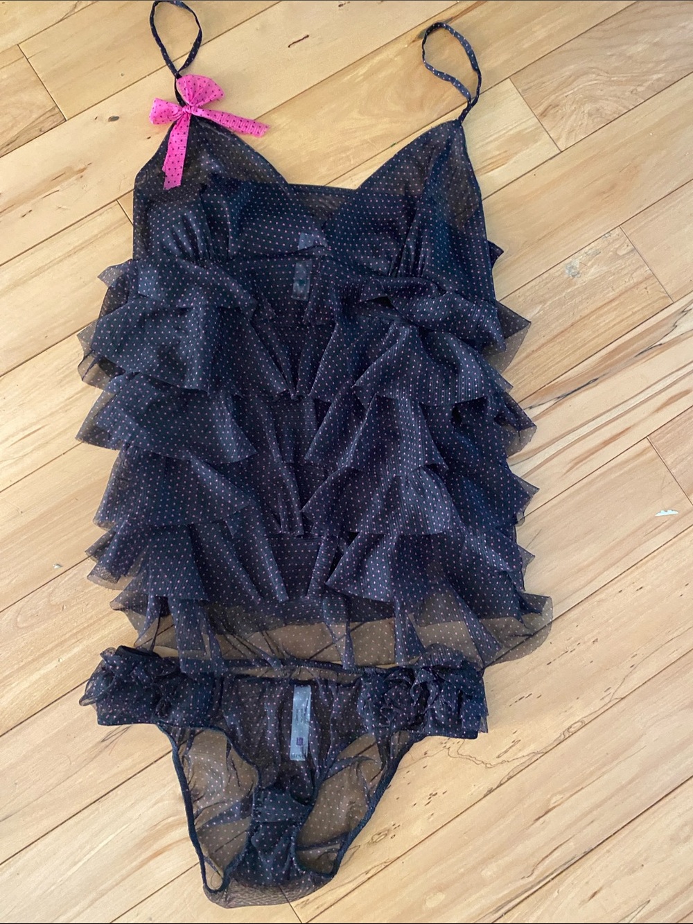 Sheer Ruffle Babydoll Chemise with Matching Brief - Black with Pink Accent